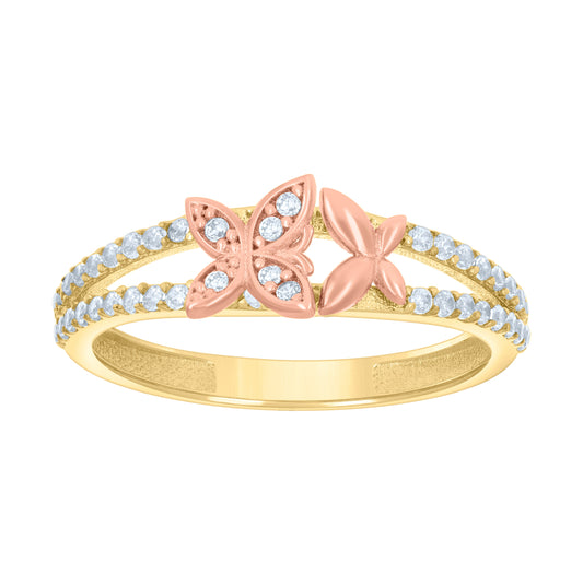 14K Two-tone Gold Womens Cubic-Zirconia Butterflies Fashion Ring