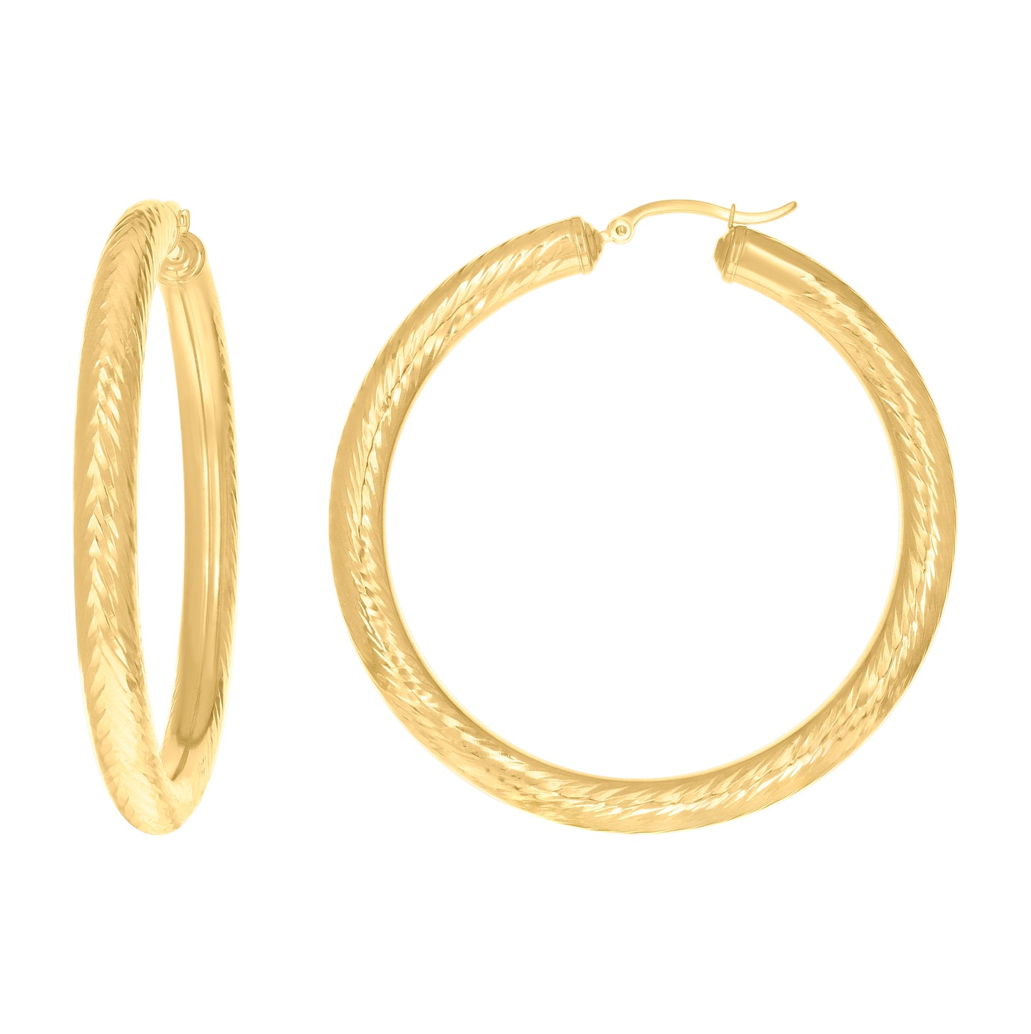 10K Yellow Gold Womens Round Tube Diamond-cut Patterned Fancy Hoop Earrings