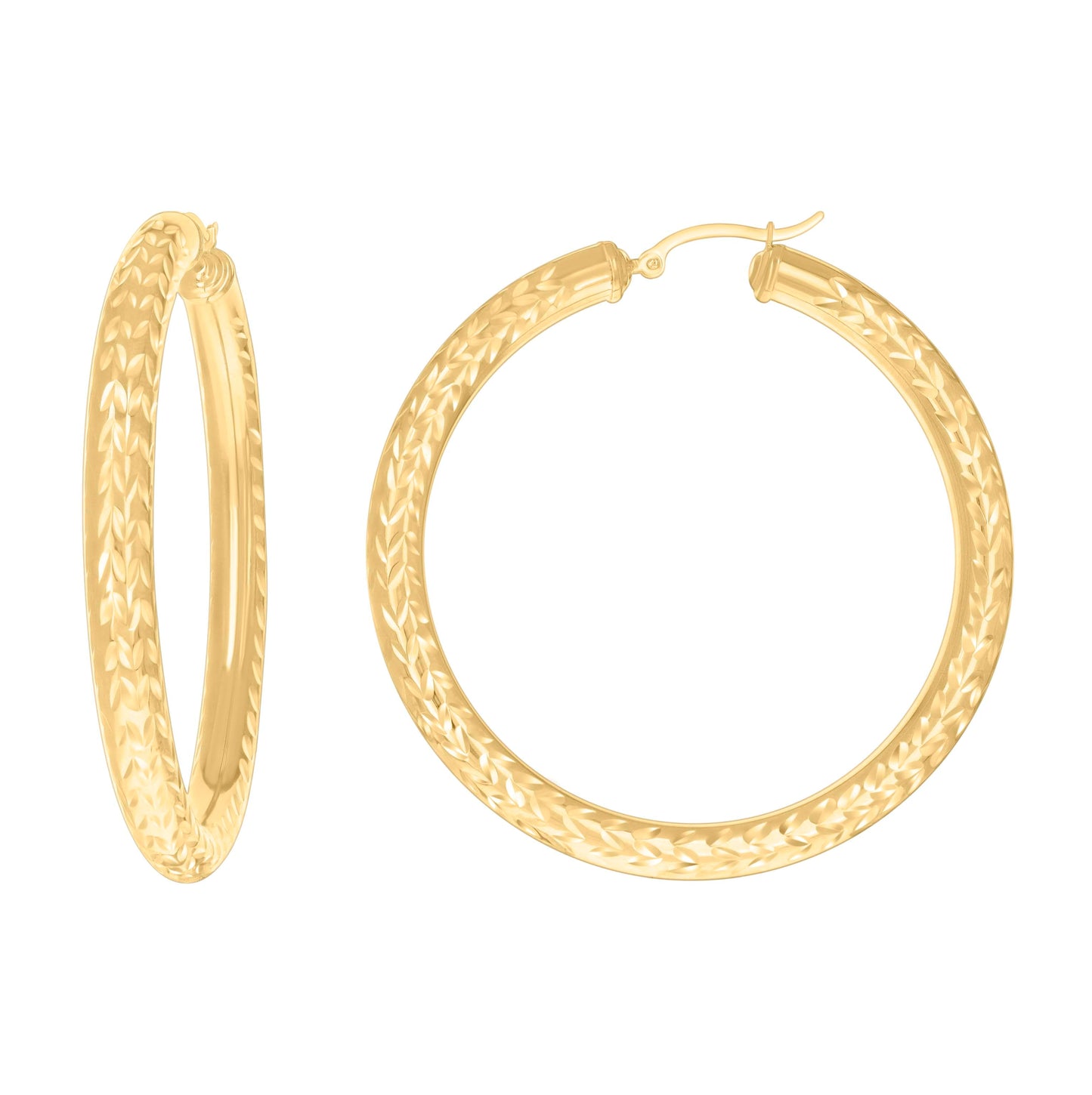 10K Yellow Gold Womens Round Tube Diamond-cut Patterned Fancy Hoop Earrings