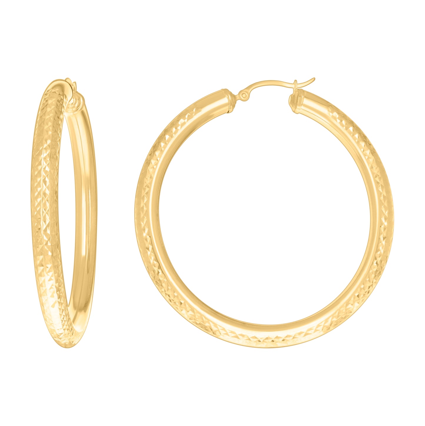 10K Yellow Gold Womens Round Tube Diamond-cut Patterned Fancy Hoop Earrings