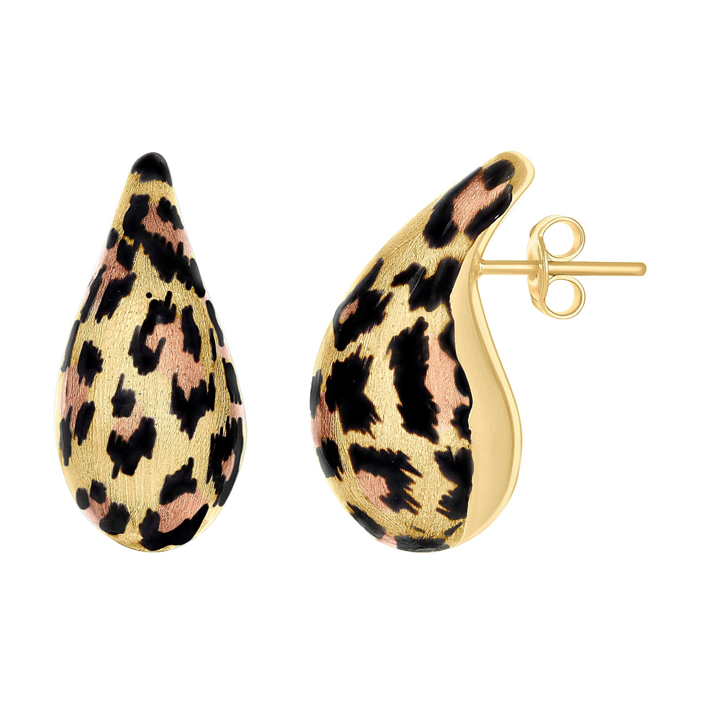 14K Two-tone Gold Womens Black Enameled Teardrop Leopard Print Scratch Finish Stud Earrings