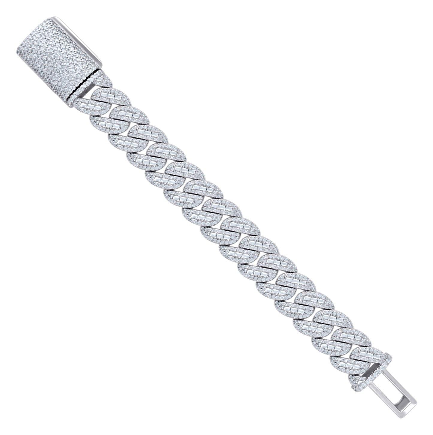 Sterling Silver Baguette Round 32.38 Cttw Moissanite Miami Cuban Chain Bracelet 20mm 8.5 Inches