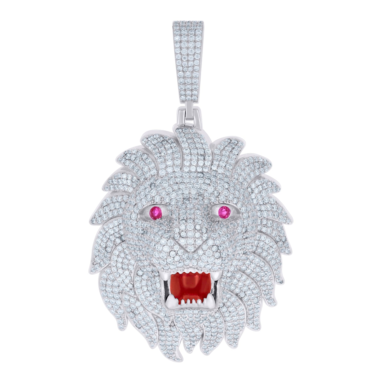 Sterling Silver Mens Purple White 15.1 Cttw Moissanite Red Enameled Leo/Lion Head Zodiac Sign/Wildlife Pendant