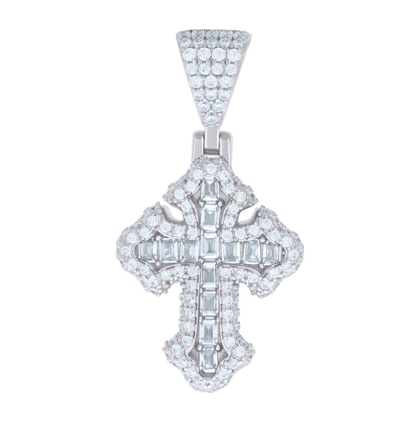 Sterling Silver Mens 1.05 Cttw Baguette 1.23 Cttw Round Moissanite Cross Religious Charm Pendant