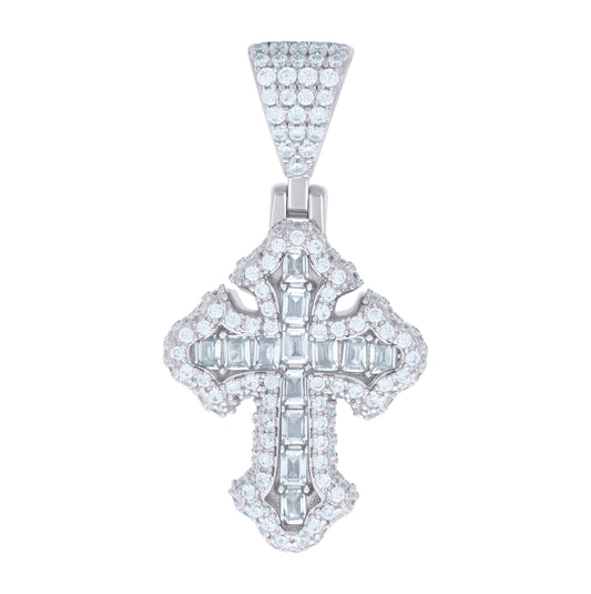 Sterling Silver Mens 1.05 Cttw Baguette 1.23 Cttw Round Moissanite Cross Religious Charm Pendant