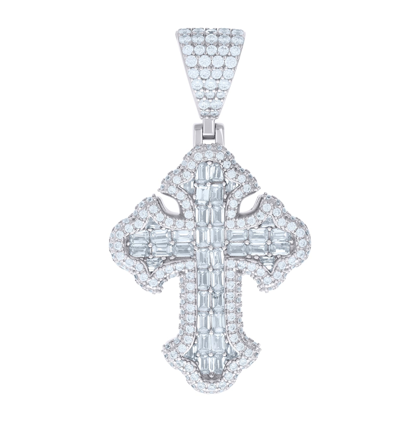 Sterling Silver Mens 3.23 Cttw Baguette 2.72 Cttw Round Moissanite Cross Religious Charm Pendant