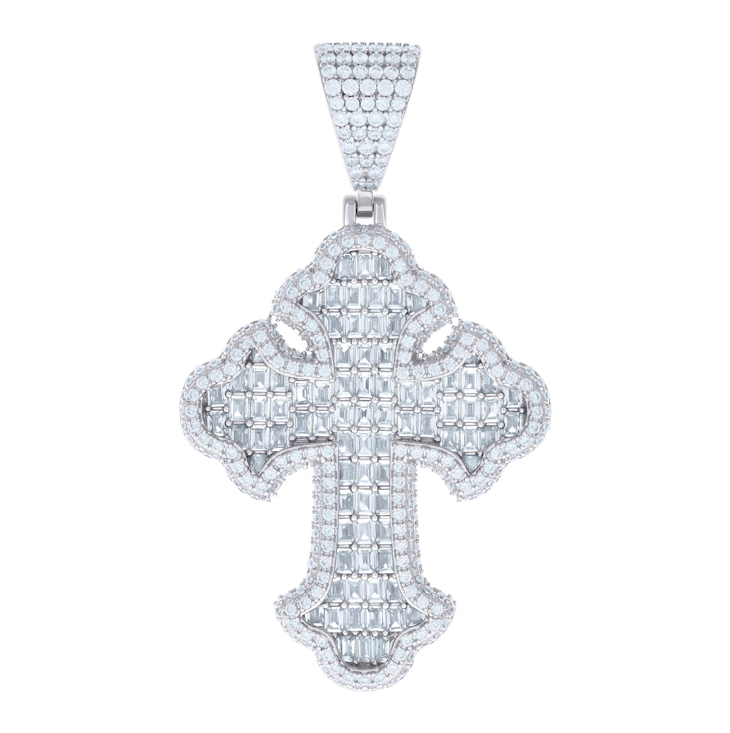 Sterling Silver Mens 6.79 Cttw Baguette 3.69 Cttw Round Moissanite Cross Religious Charm Pendant
