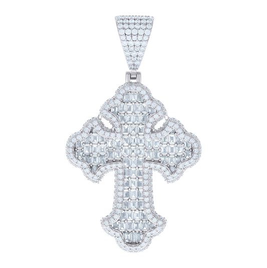 Sterling Silver Mens 6.79 Cttw Baguette 3.69 Cttw Round Moissanite Cross Religious Charm Pendant