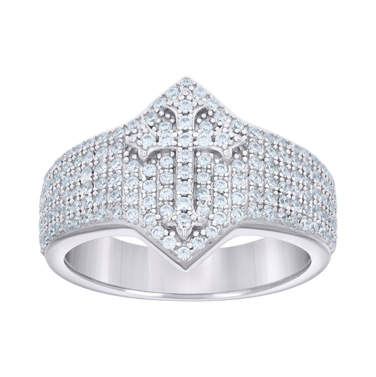 Sterling Silver Mens 0.97ct Moissanite Cross Religious Bridal Anniversary Wedding Engagement Band Ring