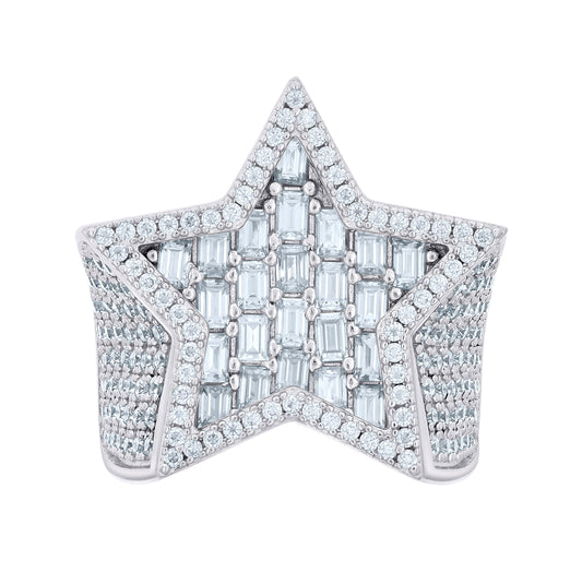 Sterling Silver Mens 2.25 Cttw Baguette 3.36 Cttw Round Moissanite Star Fashion Ring Size 10