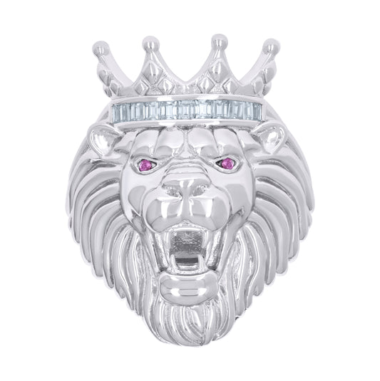 Sterling Silver Mens 0.45ct Baguette Pink White Moissanite Leo/Lion Head Bridal Anniversary Wedding Engagement Band Ring