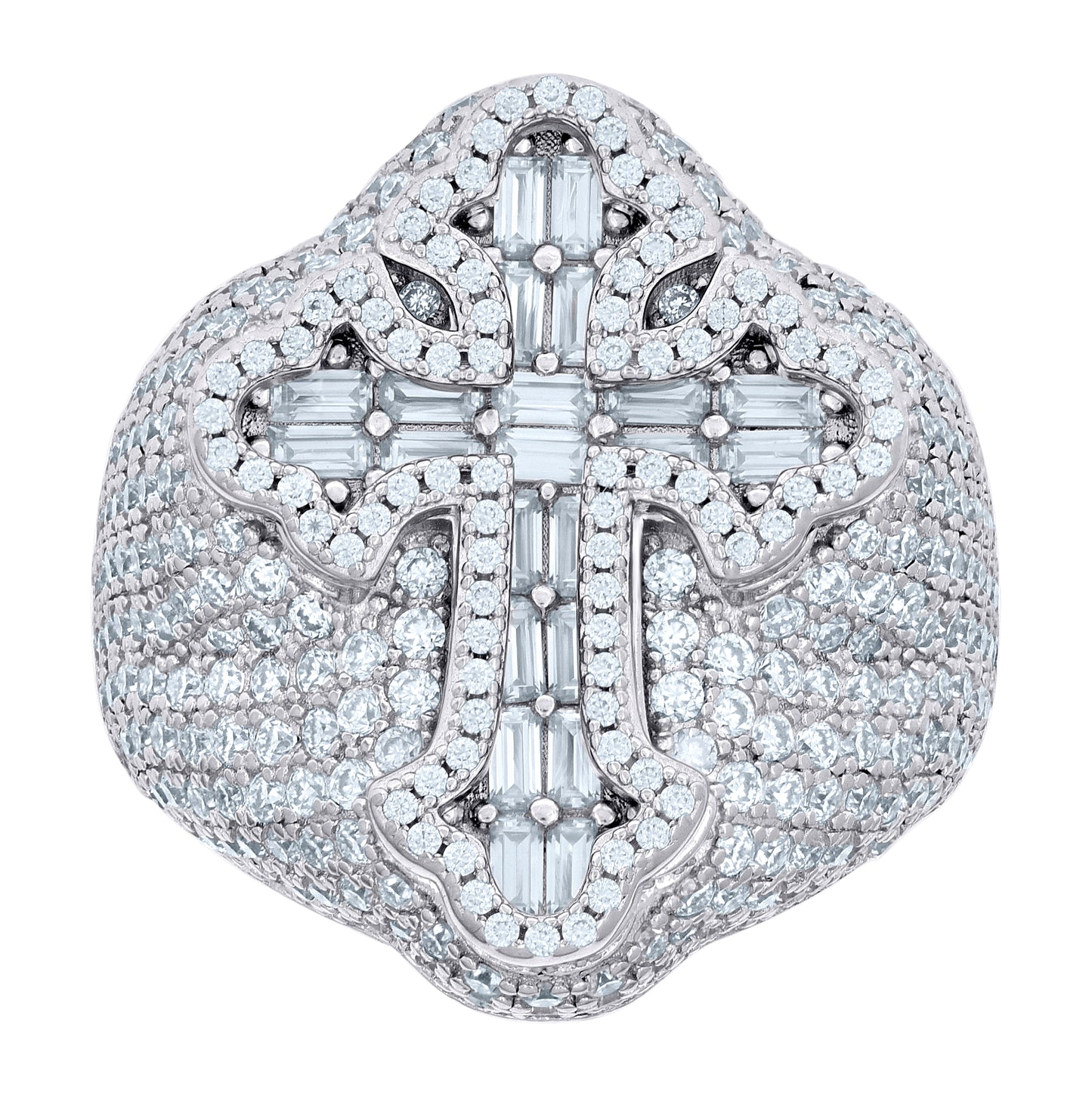Sterling Silver Mens 1.36 Cttw Baguette 4.67 Cttw Round Moissanite Cross Religious Ring Size 10