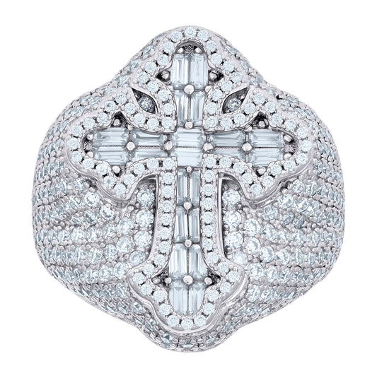 Sterling Silver Mens 1.36 Cttw Baguette 4.67 Cttw Round Moissanite Cross Religious Ring Size 10