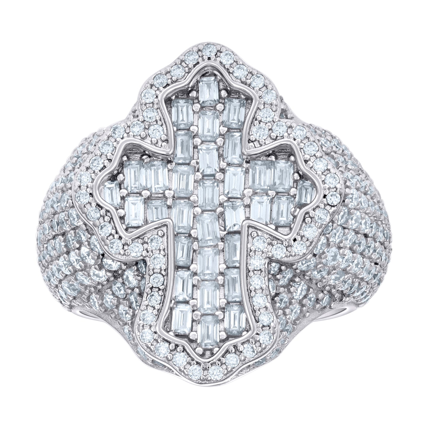 Sterling Silver Mens 1.81 Cttw Baguette 5.28 Cttw Round Moissanite Cross Religious Ring Size 10