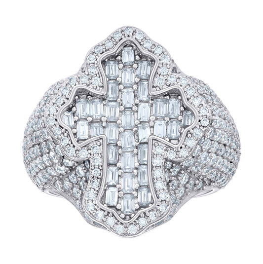 Sterling Silver Mens 1.81 Cttw Baguette 5.28 Cttw Round Moissanite Cross Religious Ring Size 10