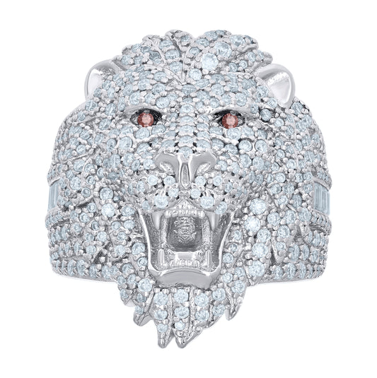 Sterling Silver Mens Red White 0.68ct Baguette 2.51ct Round Moissanite Leo/Lion Head Bridal Anniversary Wedding Engagement Band Ring