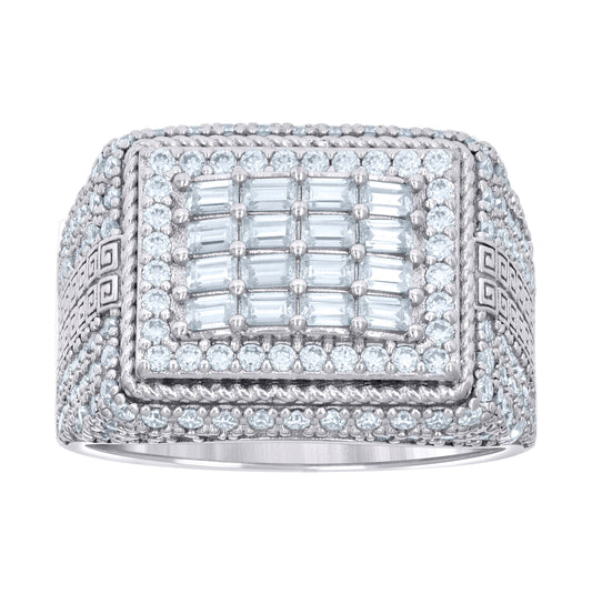 Sterling Silver Mens 0.91ct Baguette 1.57ct Round Moissanite Square Head Fashion Bridal Anniversary Wedding Engagement Band Ring
