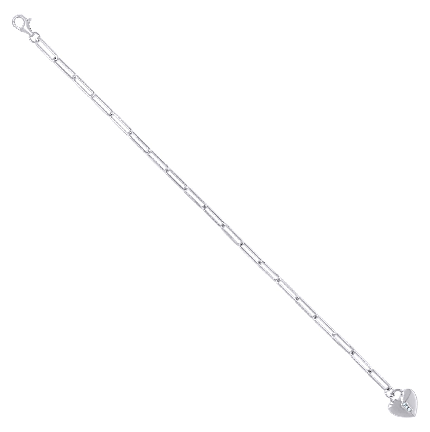 Sterling Silver Womens Cubic-Zirconia Heart Charm Bracelet Size 8 + 0.5 Inches