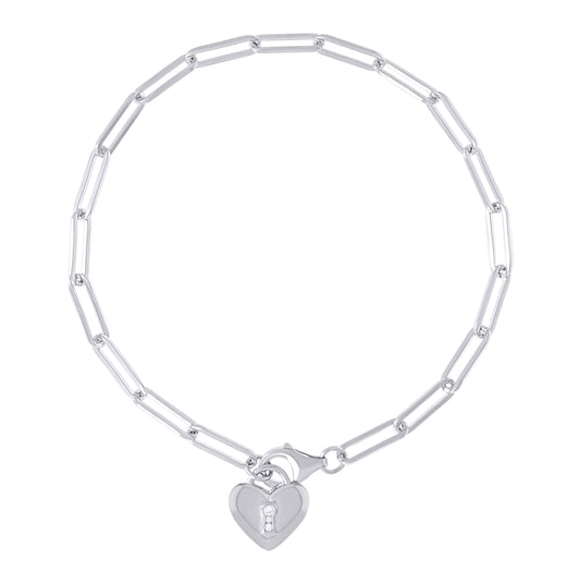 Sterling Silver Womens Cubic-Zirconia Heart Charm Bracelet Size 8 + 0.5 Inches