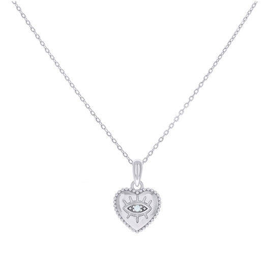 Sterling Silver Womens Cubic-Zirconia Evil Eye Good Luck Heart Charm Necklace Size 16 + 2 Inches