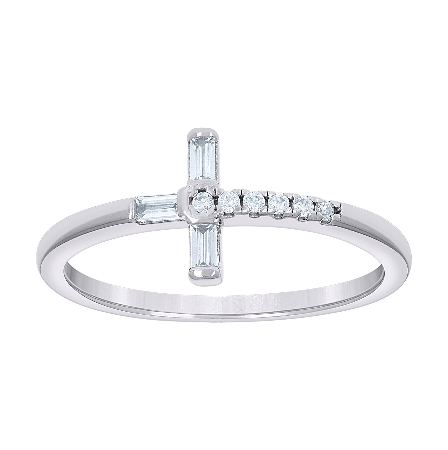 Sterling Silver Womens Baguette Round Cubic-Zirconia Cross Religious Bridal Anniversary Wedding Engagement Band Ring