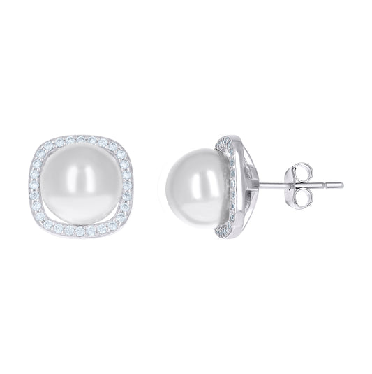 Sterling Silver Womens Cubic-Zirconia Pearl Square Stud Earrings
