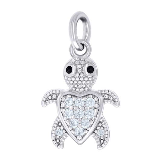 Sterling Silver Unisex Black White Cubic-Zirconia Heart Turtle Ocean Pendant