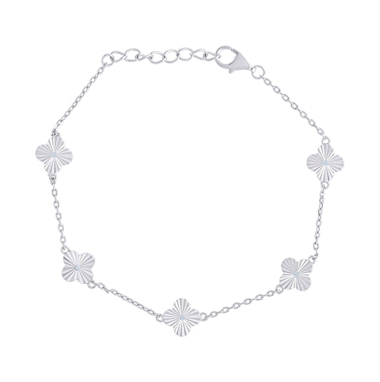 Sterling Silver Womens Cubic-Zirconia Good Luck Clover Charm Bracelet Size 7.5 Inches