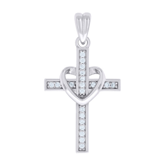 Sterling Silver Unisex Round Cubic-Zirconia Heart Cross Religious Charm Pendant