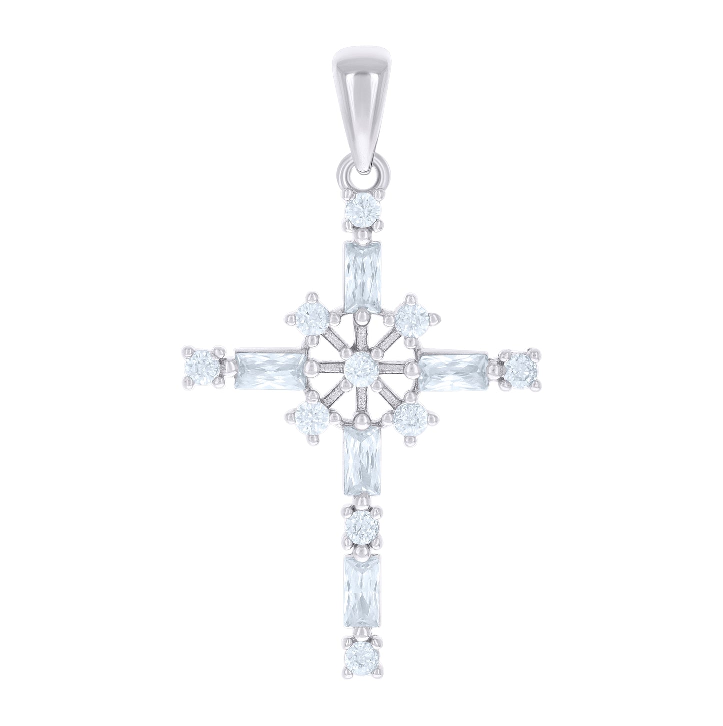 Sterling Silver Unisex Baguette Round Cubic-Zirconia Cross Religious Charm Pendant
