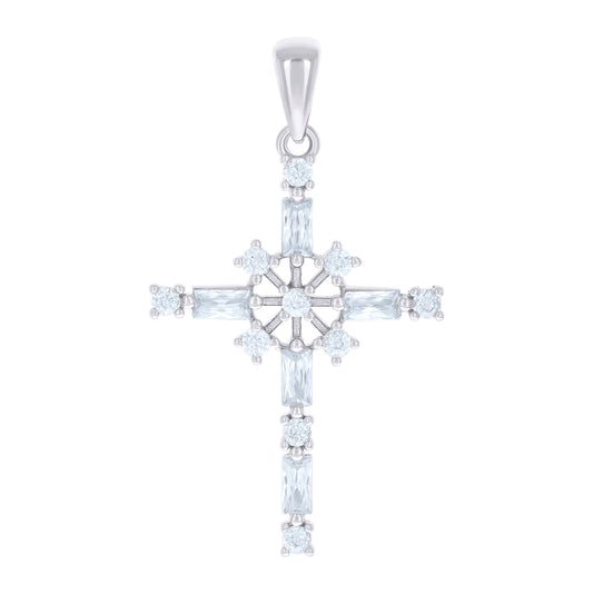 Sterling Silver Unisex Baguette Round Cubic-Zirconia Cross Religious Charm Pendant
