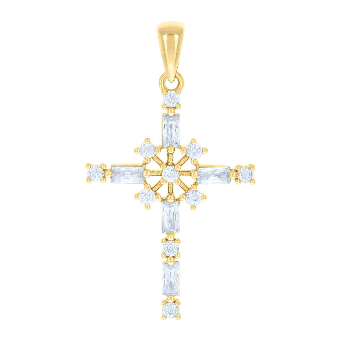 Sterling Silver Unisex Baguette Round Cubic-Zirconia Cross Religious Charm Pendant