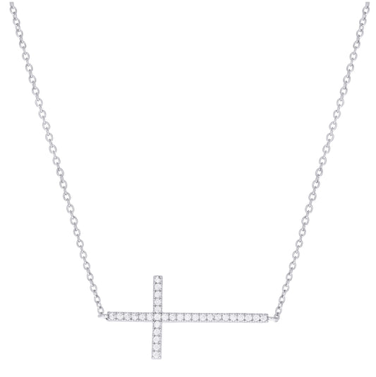 Sterling Silver Womens Cubic-Zirconia Sideways Cross Religious Charm Necklace Size 17 + 1 Inches