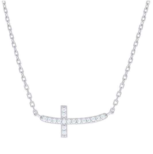 Sterling Silver Unisex Cubic-Zirconia Sideways Cross Necklace Size 16 + 1.5 Inches