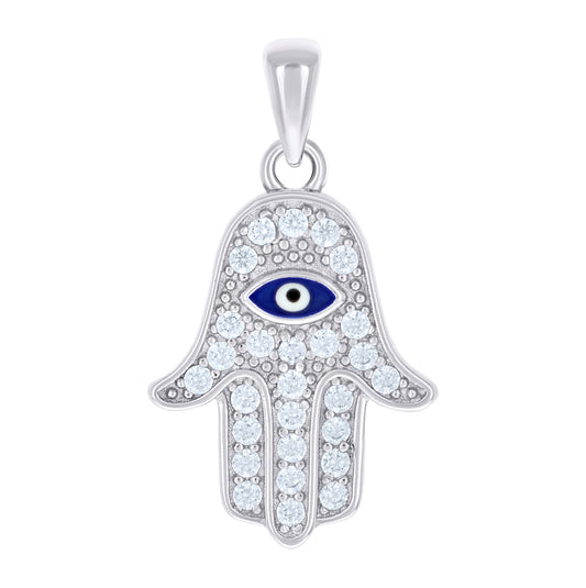 Sterling Silver Unisex Cubic-Zirconia Enameled Evil Eye Hamsa Pendant