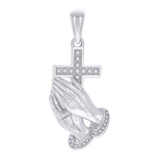Sterling Silver Unisex Without Cubic Zirconia Cross Praying Hands Symbol Religious Pendant