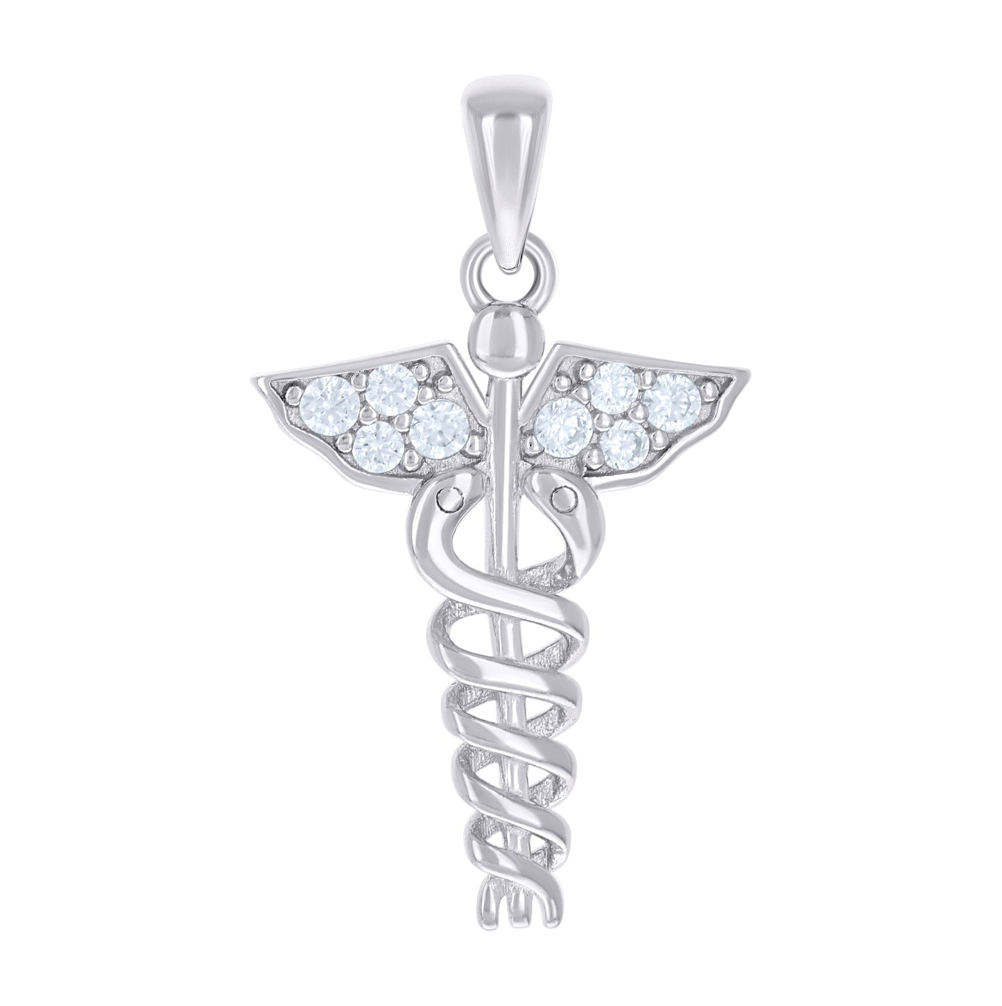 Sterling Silver Unisex Cubic-Zirconia Caduceus Medical Symbol Occupation Pendant