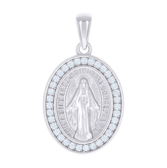 Sterling Silver Unisex Cubic-Zirconia Oval Miraculous Virgin Mary Religious Pendant