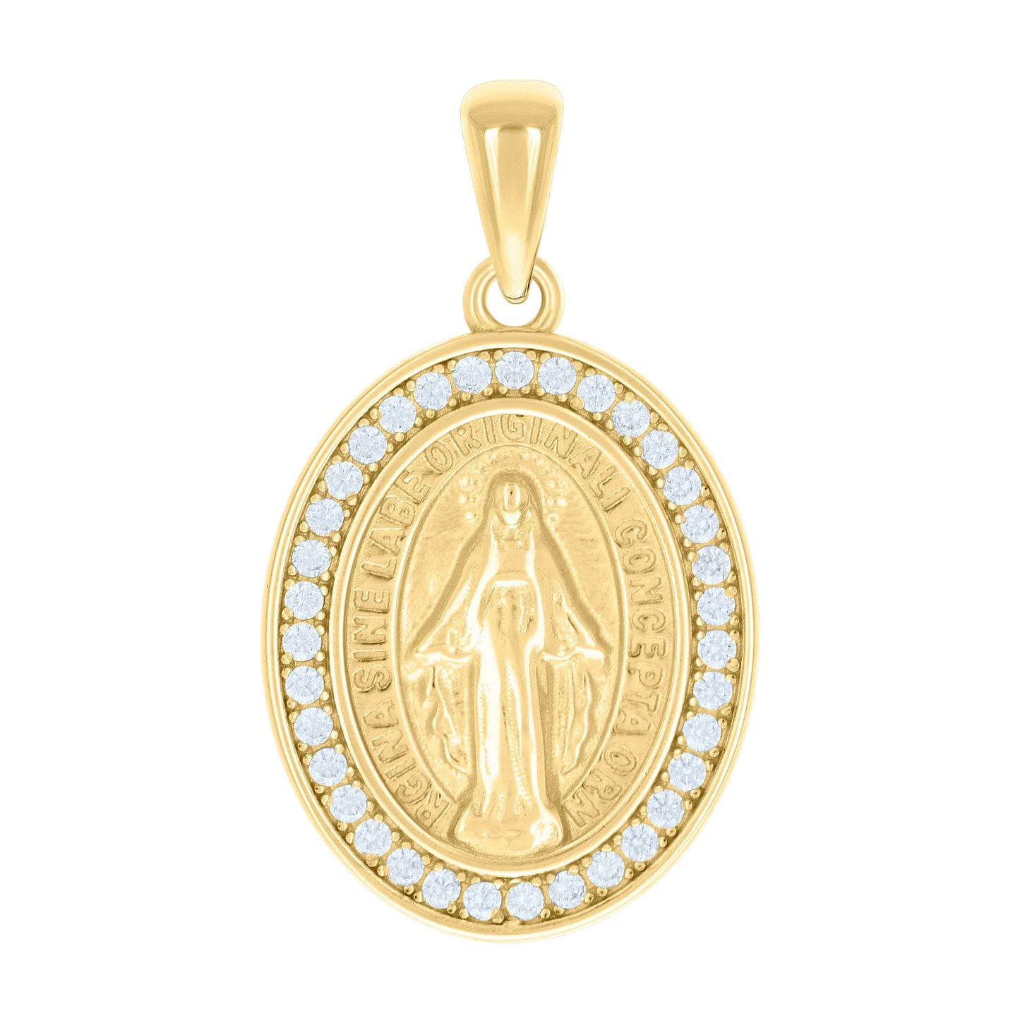 Sterling Silver Unisex Cubic-Zirconia Oval Miraculous Virgin Mary Religious Pendant