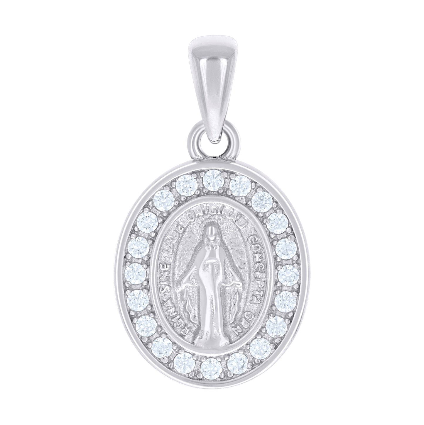Sterling Silver Unisex Cubic-Zirconia Oval Miraculous Virgin Mary Religious Pendant