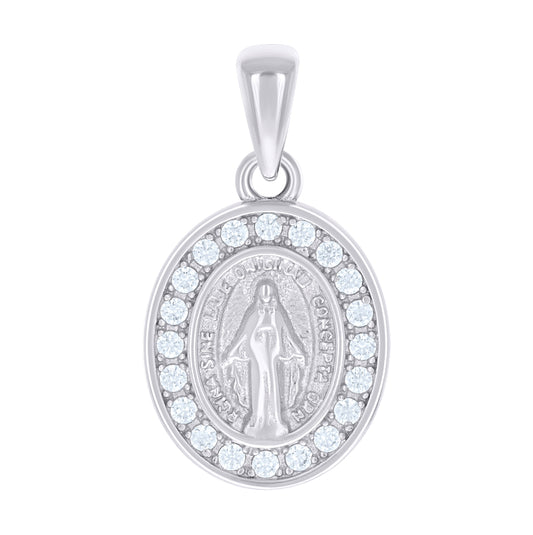 Sterling Silver Unisex Cubic-Zirconia Oval Miraculous Virgin Mary Religious Pendant