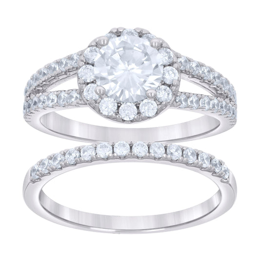 Sterling Silver Womens Cubic-Zirconia Halo Duo Bridal Anniversary Wedding Engagement Band Ring Set