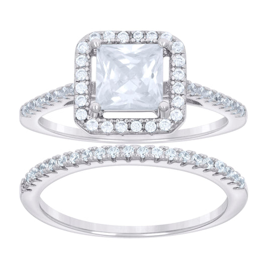 Sterling Silver Womens Round Princess-Cut Cubic-Zirconia Octagon Head Duo Bridal Anniversary Wedding Engagement Band Ring Set