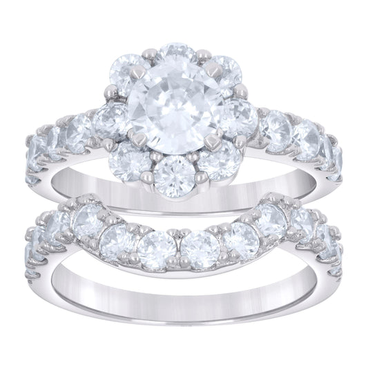 Sterling Silver Womens Cubic-Zirconia Flower Duo Bridal Anniversary Wedding Engagement Band Ring Set