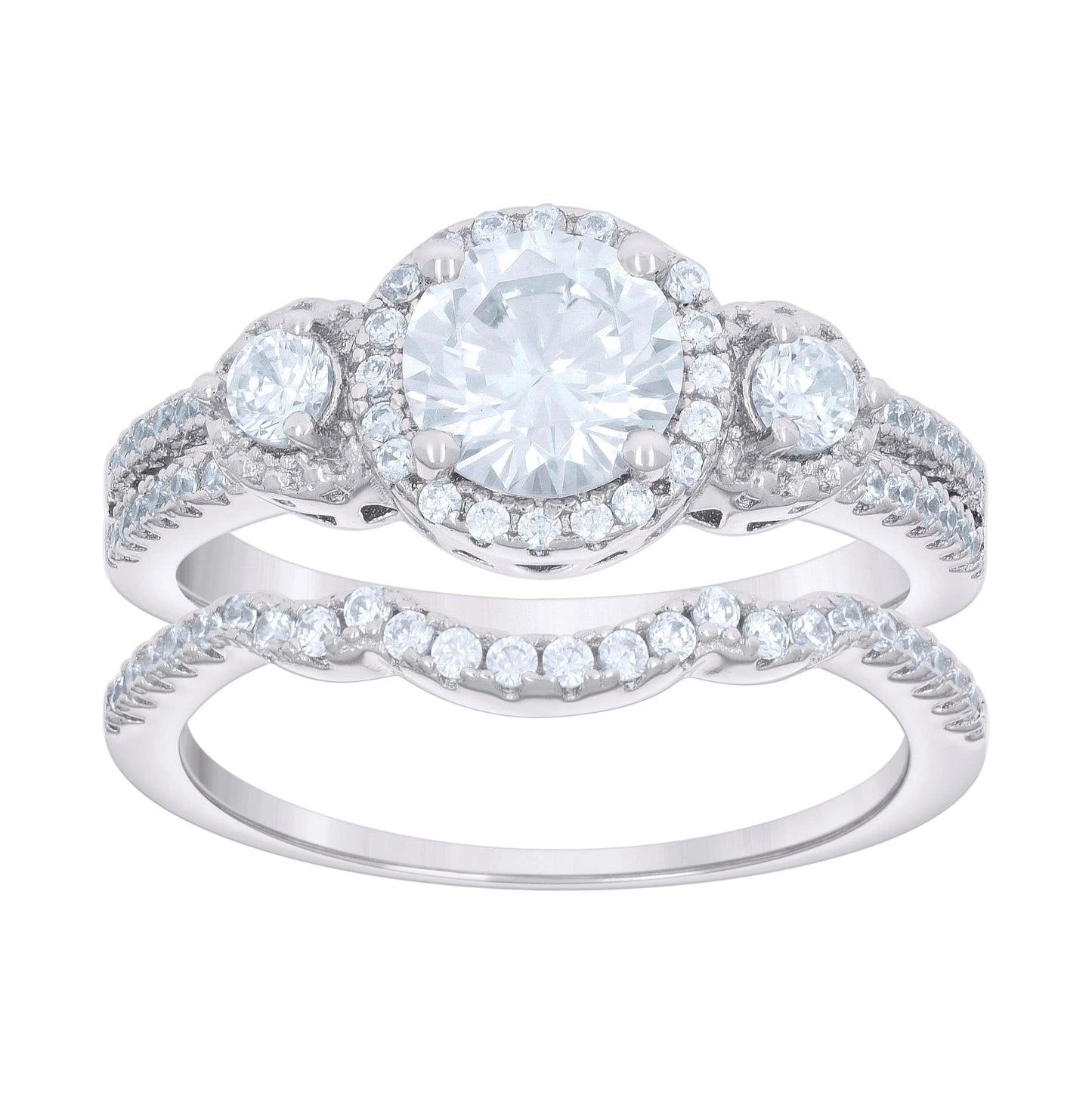 Sterling Silver Womens Cubic-Zirconia Round Head Fashion Duo Bridal Anniversary Wedding Engagement Band Ring Set