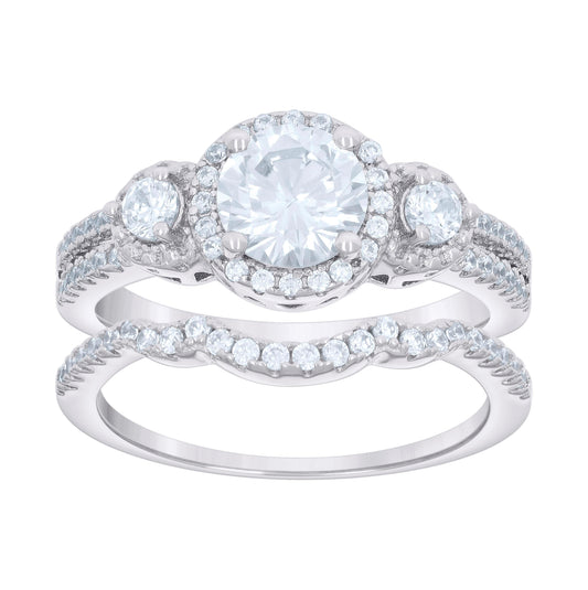Sterling Silver Womens Cubic-Zirconia Round Head Fashion Duo Bridal Anniversary Wedding Engagement Band Ring Set