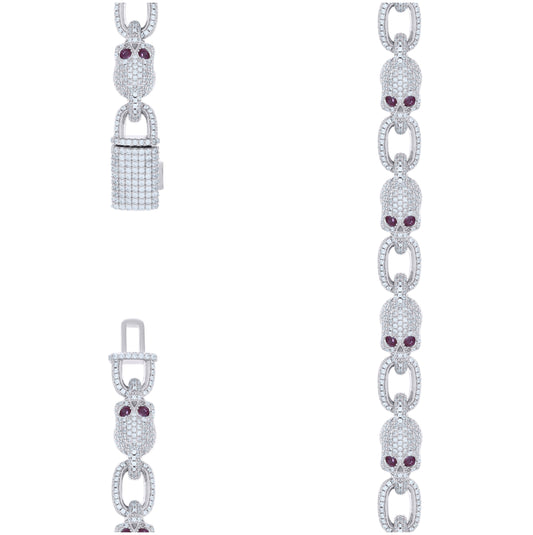 Sterling Silver Mens Moissanite Skull Link Chain Necklace 9.3mm