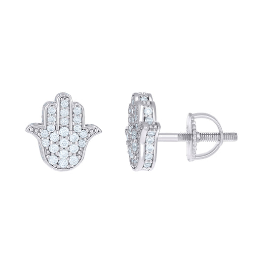 Sterling Silver Womens 0.53 Cttw Moissanite Hamsa Symbol Religious Stud Earrings