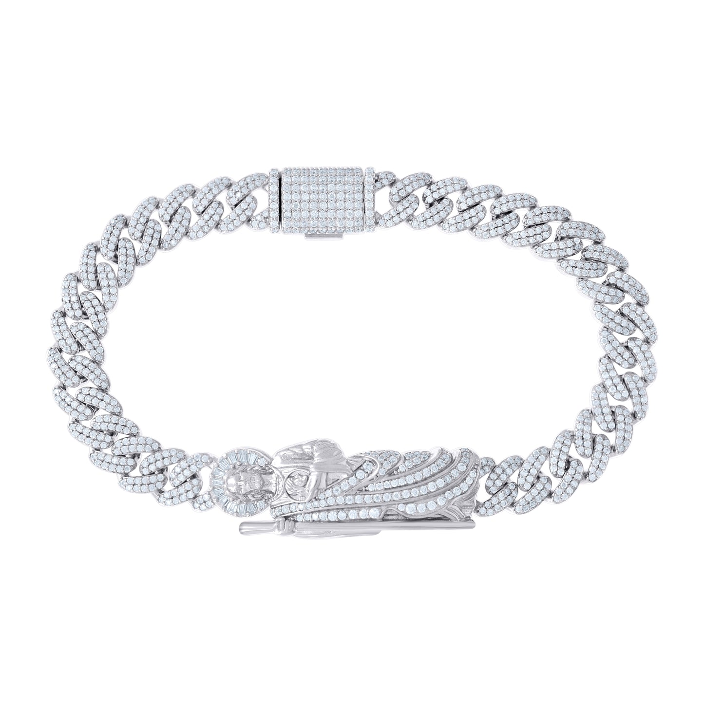 Sterling Silver 5.11 Cttw Round, 0.43 Cttw Baguette Moissanite St. Jude Bracelet Size 8.5 Inches