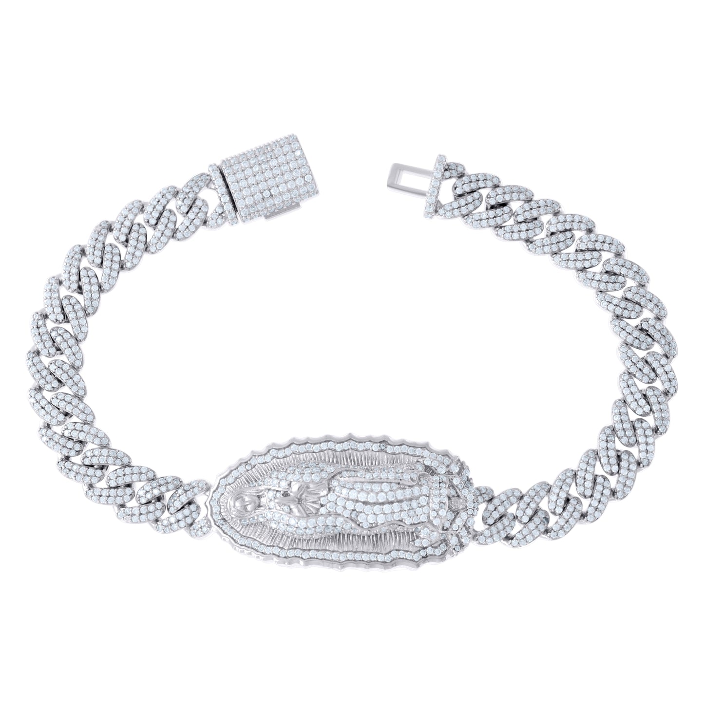 Sterling Silver Unisex 6.27 Cttw Moissanite Guadalupe Religious Charm Bracelet Size 8.5 Inches